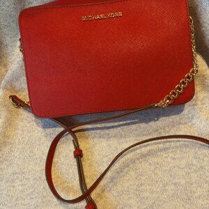 Michael Kors Red Large Jet Set Saffiano Leather Crossbody Bag